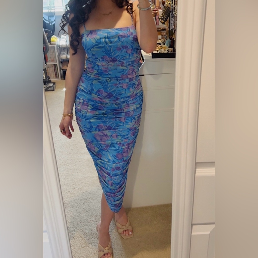 privy Blue Floral Ruched Slip Dress